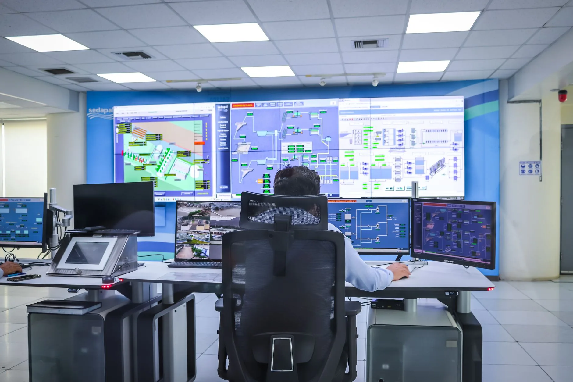 Centro de operações de segurança com monitores e painéis de controle